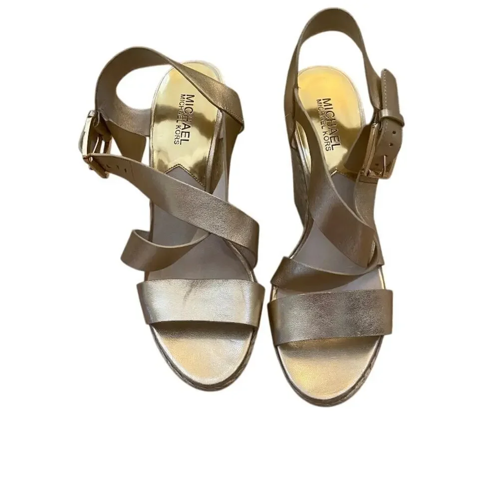 MICHAEL KORS Metallic Gold Leather Ankle Strap Espadrille Wedge Sandal 9.5M